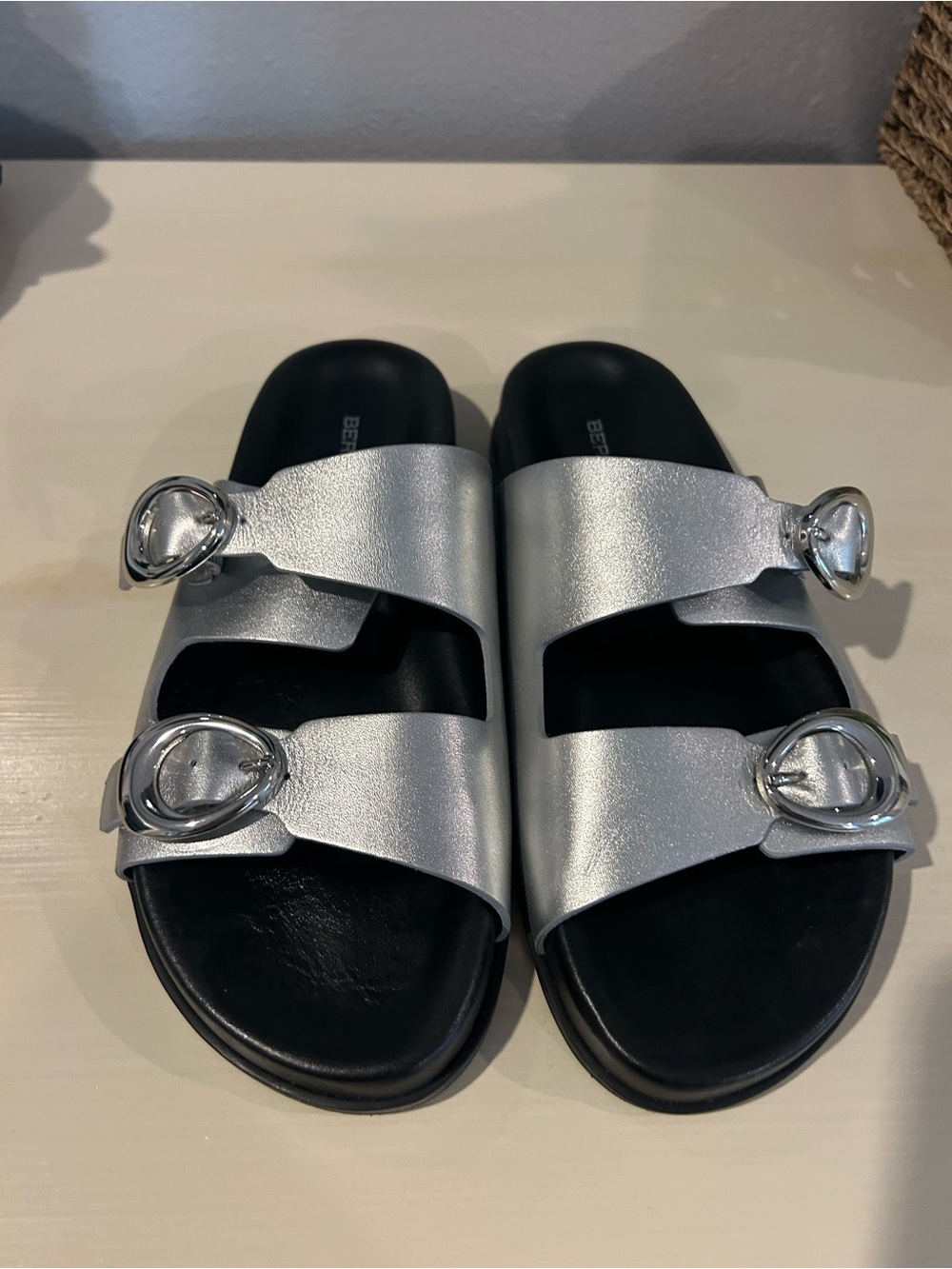 Silver Double-Buckle Slide Sandals
